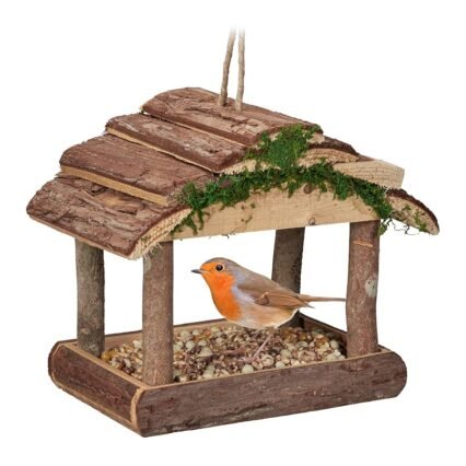 Relaxdays Vogelfutterhaus Holz, zum Aufhängen, HBT: 19 x 22 x 16,5 cm, Garten, Vogelfutterspender für Kleinvögel, Natur