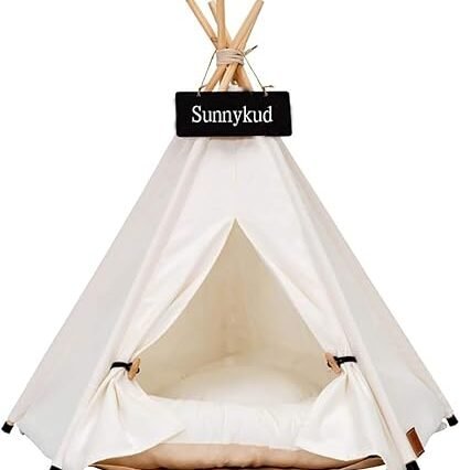 Sunnykud Tipi Zelt für Haustiere Hundezelt Katzenzelt Haustierzelte Häuser mit Kissen Abnehmbar und Waschbar Haustierbett Wegklappen Haustier Hundebett Katzenbett (S:40x40x50cm,...