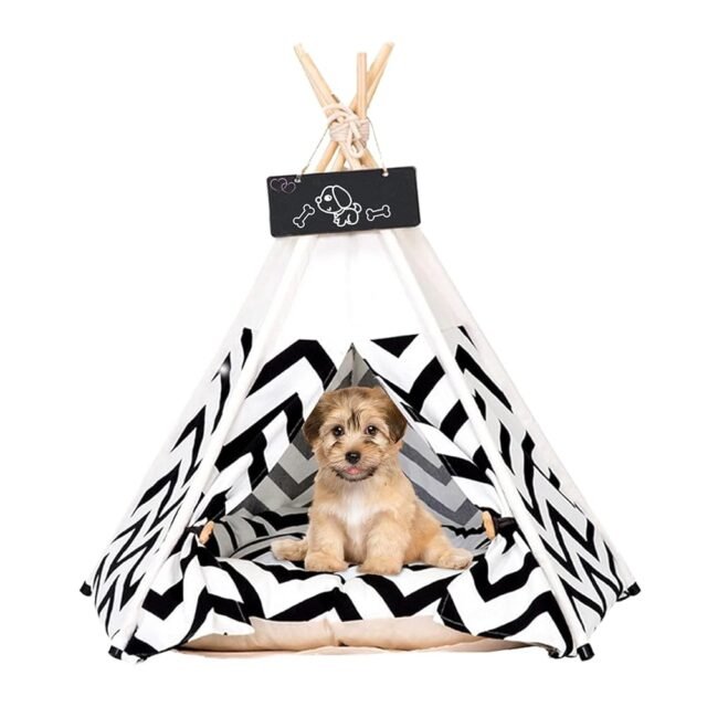 Tipi Zelt für Haustiere Hundezelt Katzenzelt Haustierzelte Häuser mit Doppelseitigem Kissen Abnehmbar und Waschbar Haustierbett Wegklappen Haustier Hundebett Katzenbett 50x50x70cm