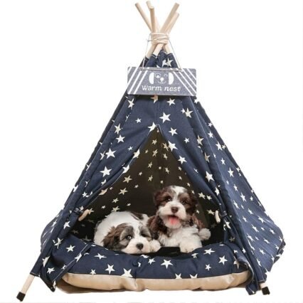 Tipi Zelt für Haustiere mit Kissen Abnehmbar und Waschbar Hundezelt Katzenzelt Haustierzelte Häuser Wegklappen Haustier Zelt Möbel 50x50x60cm