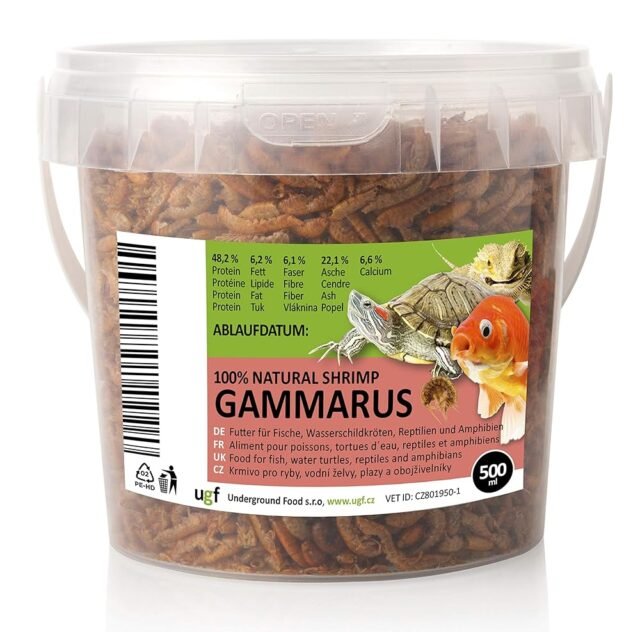 UGF - Premium Gammarus Bachflohkrebse Getrocknet, 500 Milliliter ≈ 50g Eimer, Schildkrötenfutter, Fischfutter Aquarium, Axolotl Futter, Hamsterfutter, Igelfutter, Koi Futter,...