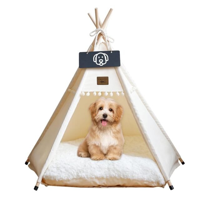 Vinnypet Tipi Zelt fur Katzen und Hunde Haustierzelte Häuser mit Plüschkissen Luxery Hundezelt Katzenzelt Abnehmbar und Waschbar Katzenhaus Haustierhäuser 60x60x70cm