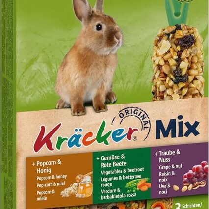 Vitakraft Kräcker Mix, Knabberstangen für Zwergkaninchen, mit Popcorn und Honig, mit Gemüse und Rote Beete, mit Traube und Nuss, ohne Zusatz von Zucker und Getreide (1x 160g)