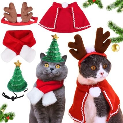 Weihnachtskostüm für Katzen, 4 Stück Haustier Weihnachtskostüm, Weihnachtsmann-Mütze, Verstellbar Schal, Geweih, Haustier-Kleidung für Hunde, Katzen, Welpen,Geschenk