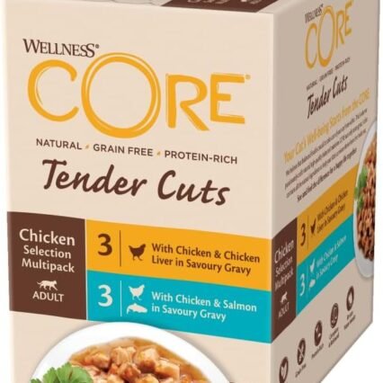 Wellness CORE Tender Cuts, Nassfutter für ausgewachsene Katzen in Sauce, Hühnchen Selection Mix, 6 x 85 g, ohne Zuckerzusatz, getreidefrei, mit hohem Fleischanteil