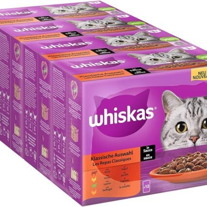 Whiskas 1+ Katzennassfutter Klassische Auswahl in Sauce, 12x85g (4 Packungen) – Hochwertiges Nassfutter für ausgewachsene Katzen in 48 Portionsbeuteln