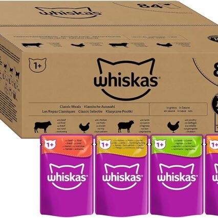 Whiskas 1+ Katzennassfutter Klassische Auswahl in Sauce, 84x85g (1 Großpackung) – Hochwertiges Nassfutter für ausgewachsene Katzen in 84 Portionsbeuteln