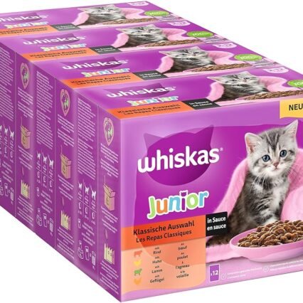 Whiskas Junior Katzennassfutter Klassische Auswahl in Sauce, 48 Portionsbeutel, 12x85g (4er Pack) – Hochwertiges Katzenfutter nass, für heranwachsende Katzen von 2 bis 12 Monaten