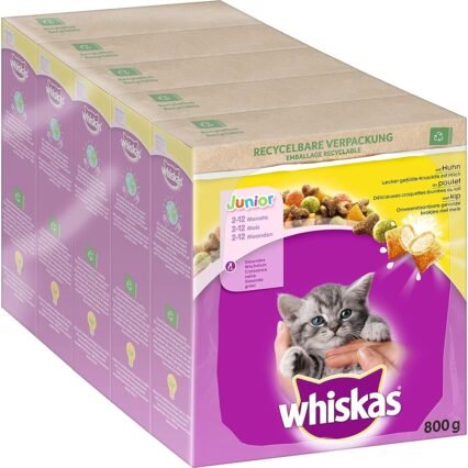 Whiskas Junior Trockenfutter Huhn, 5x800g (5 Packungen) - für heranwachsende Katzen - Extra kleine Kibbles für Kätzchen (2-12 Monate) - unterschiedliche Produktverpackungen...