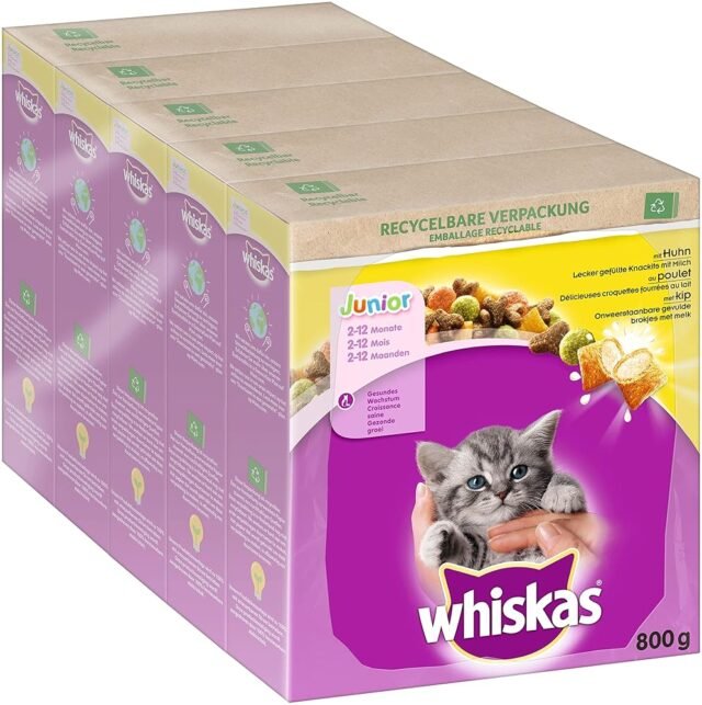 Whiskas Junior Trockenfutter Huhn, 5x800g (5 Packungen) - für heranwachsende Katzen - Extra kleine Kibbles für Kätzchen (2-12 Monate) - unterschiedliche Produktverpackungen...