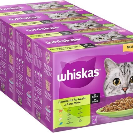 Whiskas Senior 7+ Katzennassfutter Gemischte Auswahl in Sauce, 48 Portionsbeutel, 12x85g (4er Pack) – Hochwertiges Katzenfutter nass, für Katzen ab 7 Jahren und älter