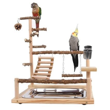 WishesMar Wellensittich Spielplatz Vogel-Spielplatz mit Feeder-Cup Spielzeug Leiter Erklimmen Schaukel und Tablett für Nymphensittich Papageien Wellensittiche, Holz, Größe...